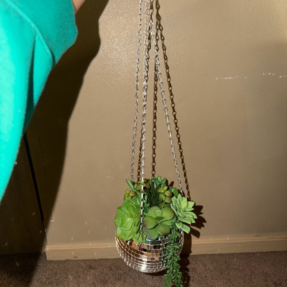 Hanging disco ball Planter with Green Accents
